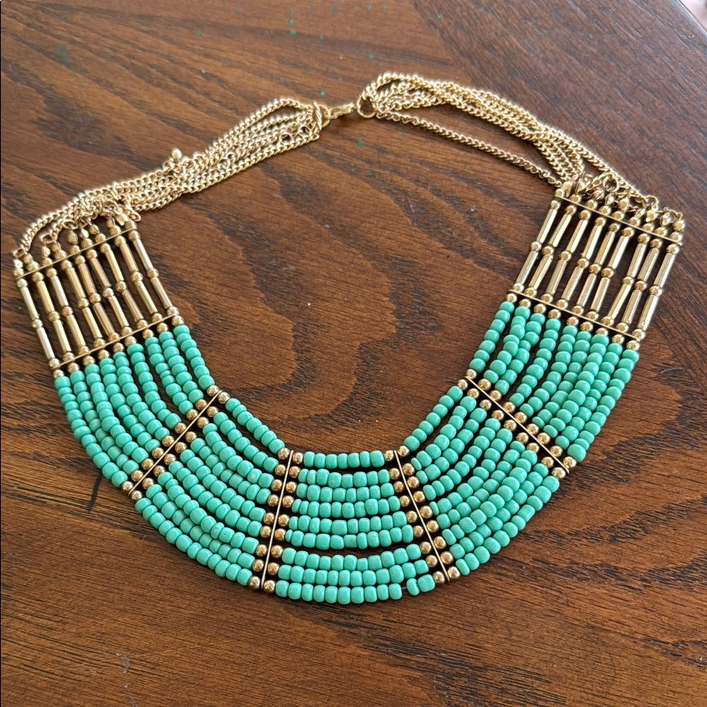Turquoise Green and Gold Beaded Bib Necklace NWT